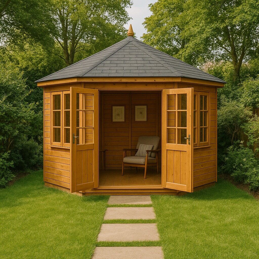 Classic wooden summerhouse with double doors, hexagonal roof and armchair inside, set in a Norfolk garden