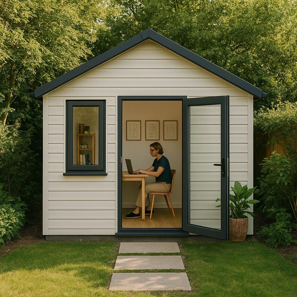 Compact garden studio with off-white cladding and gable roof, set in Norfolk garden with remote worker inside