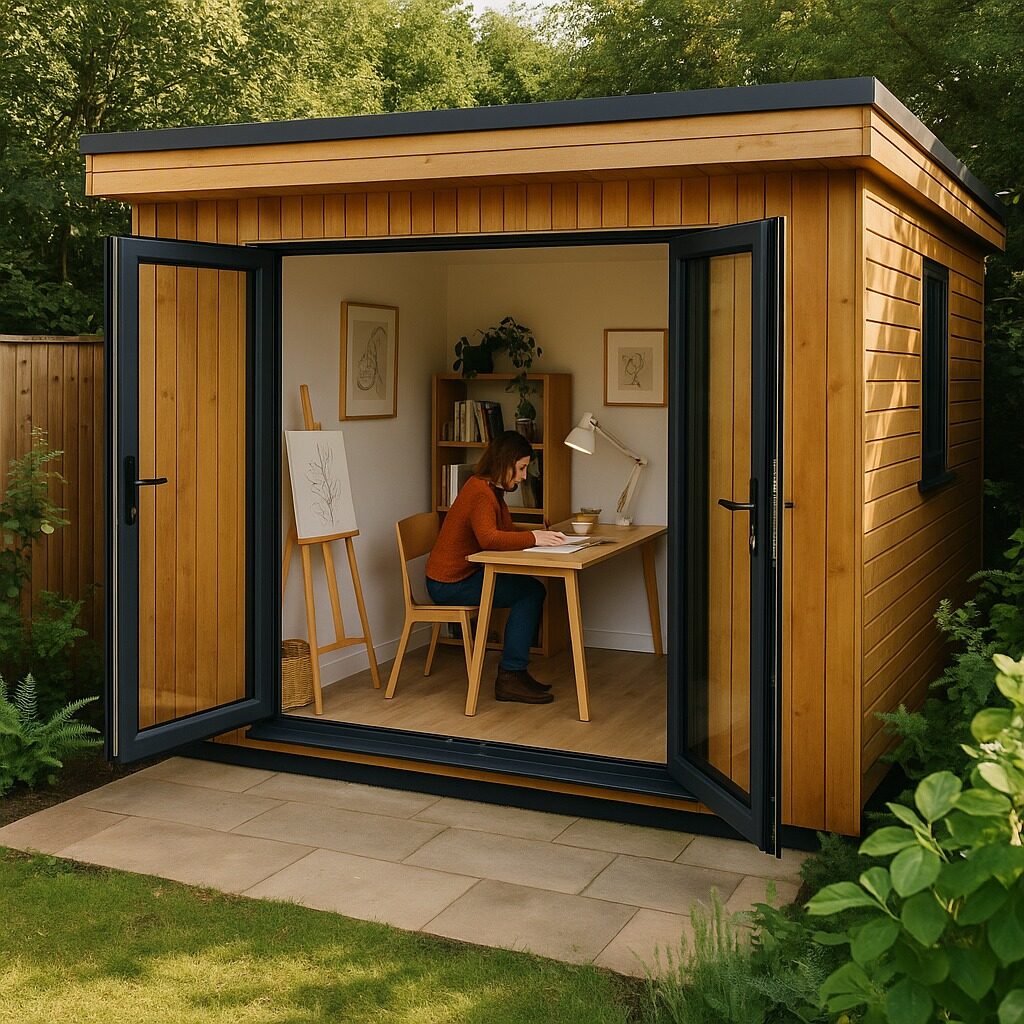 Compact garden studio in Norfolk with artist drawing at desk inside wooden-clad space