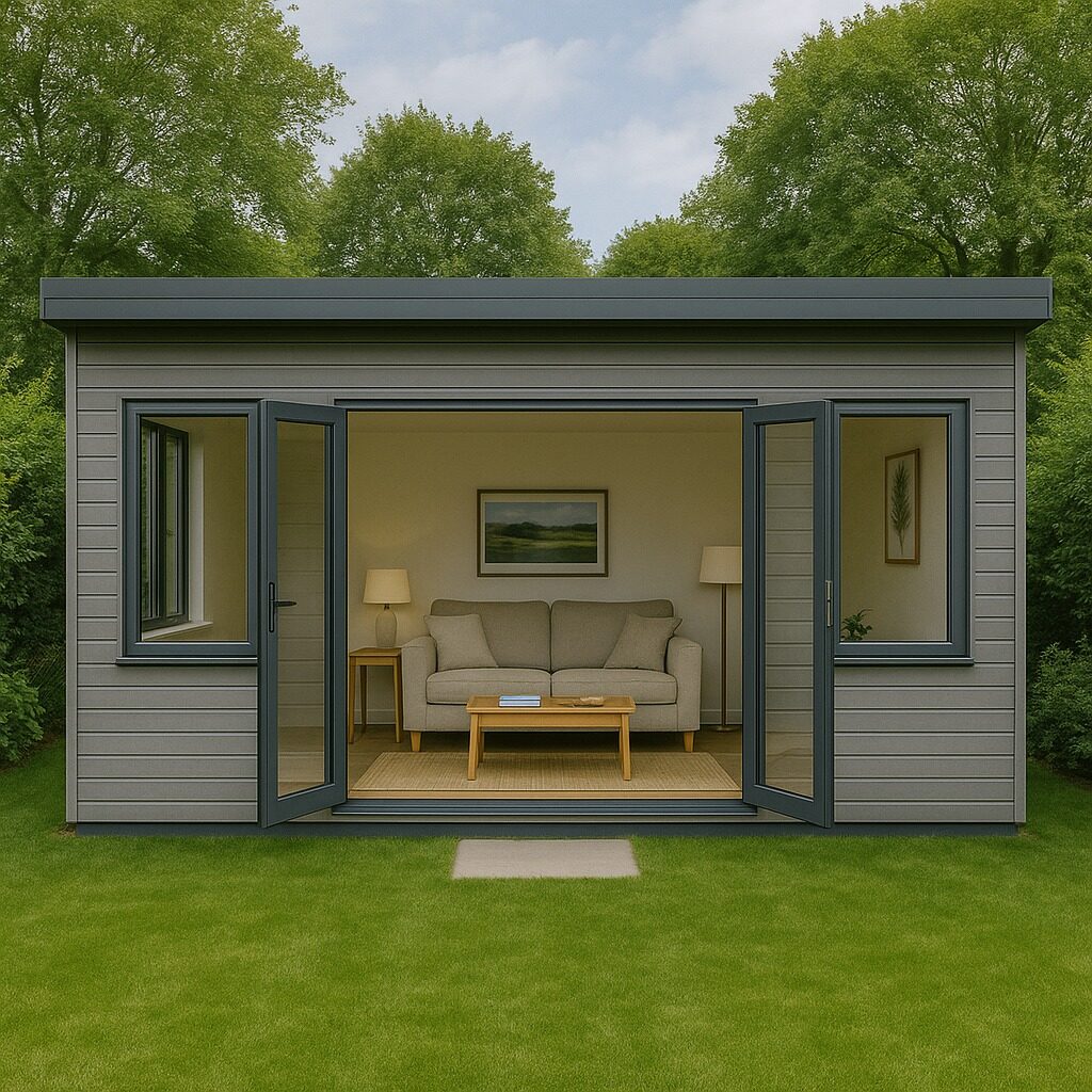 Modern grey garden room with sofa, coffee table and lamps, styled as a cosy home living space in a Norfolk garden