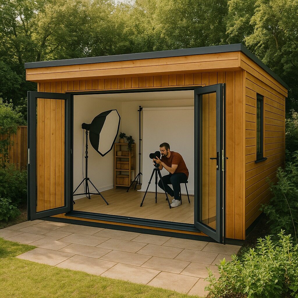 Spacious garden photography studio in Norfolk with open doors, lighting equipment, and photographer at work