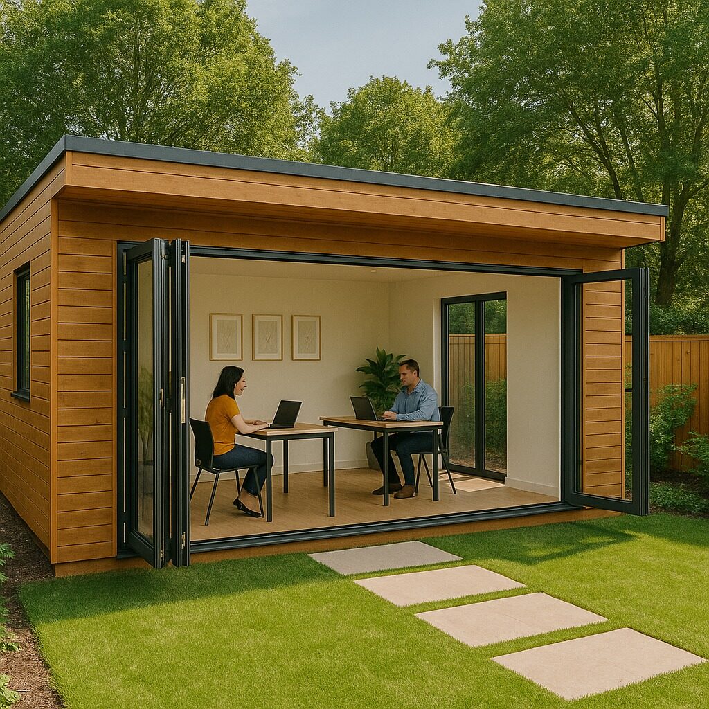 Modern garden office studio with wood cladding, bi-fold doors, and two people working at desks in a Norfolk garden
